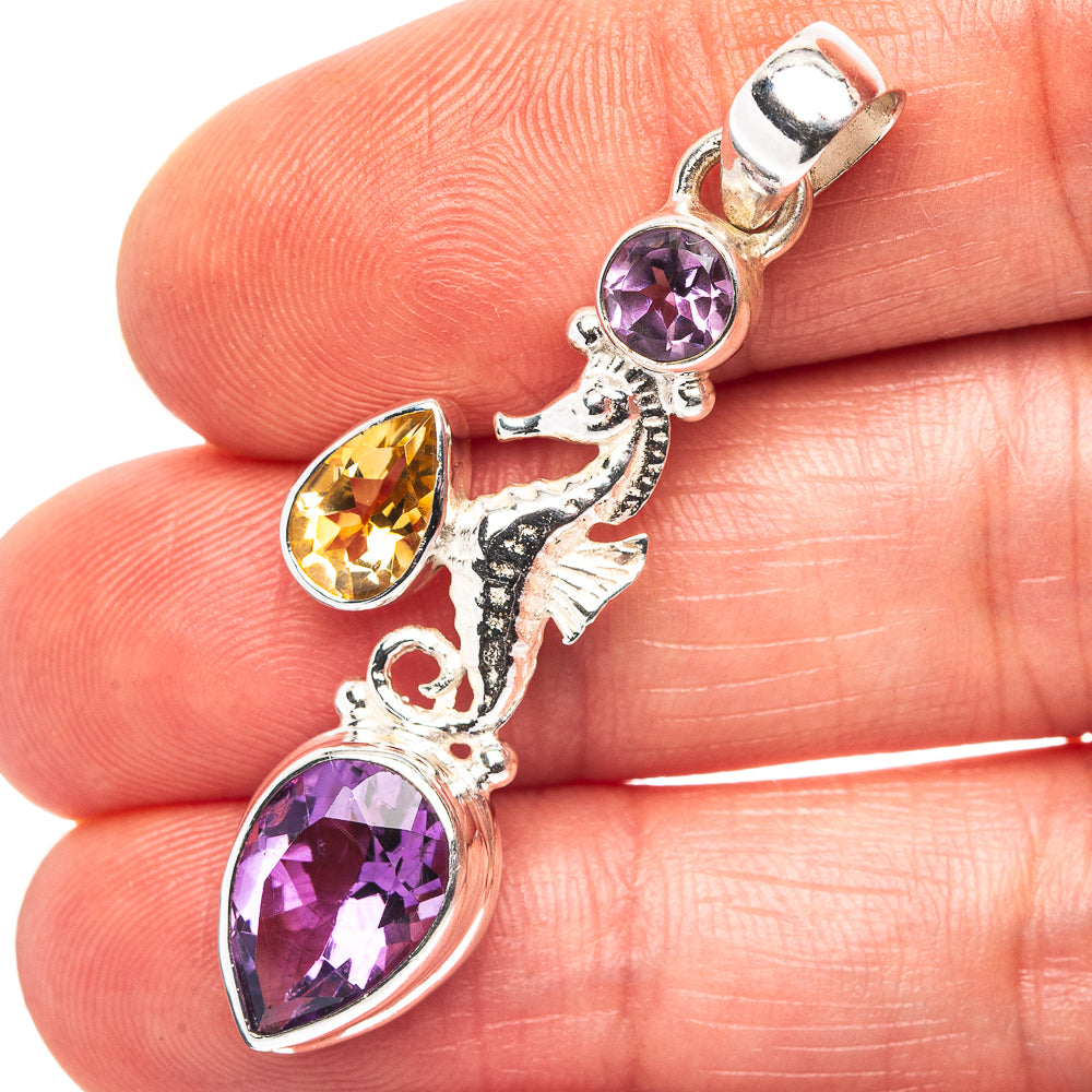 Amethyst Seahorse, Citrine Motif Pendant 1 3/4" (.925 Sterling Silver)