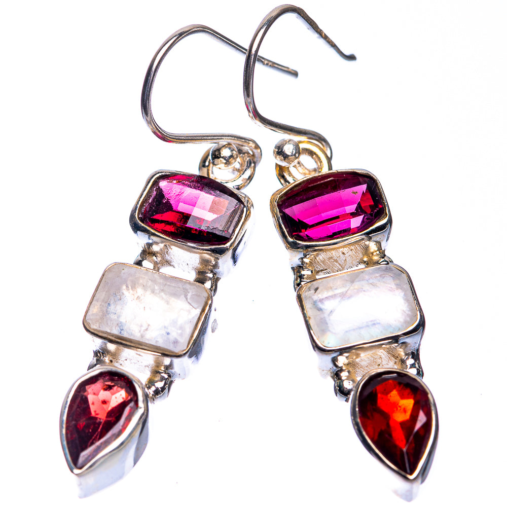 Rainbow Moonstone, Garnet Earrings 1 5/8" (925 Sterling Silver) E432747