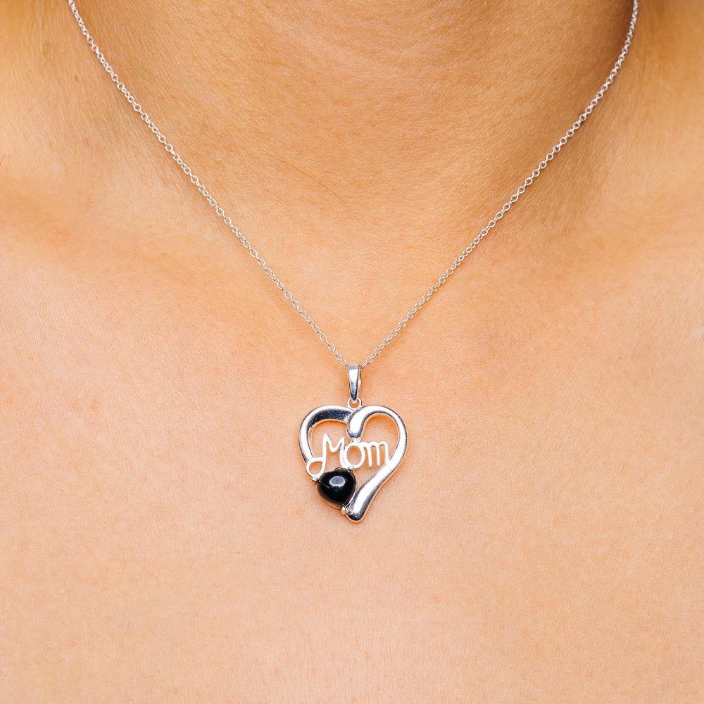 Black Onyx Mom Necklace 16 to 18" (.925 Sterling Silver)