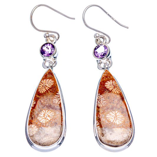 Amethyst and fossil coral teardrop drop earrings with sterling silver hooks