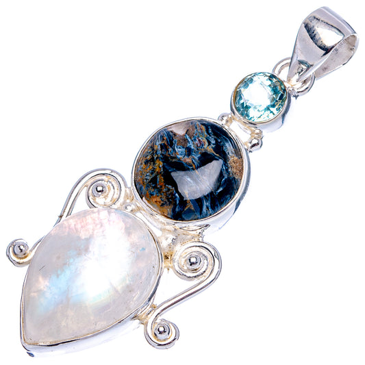 Sterling silver pendant with oval blue topaz, round dark pietersite, and pear moonstone