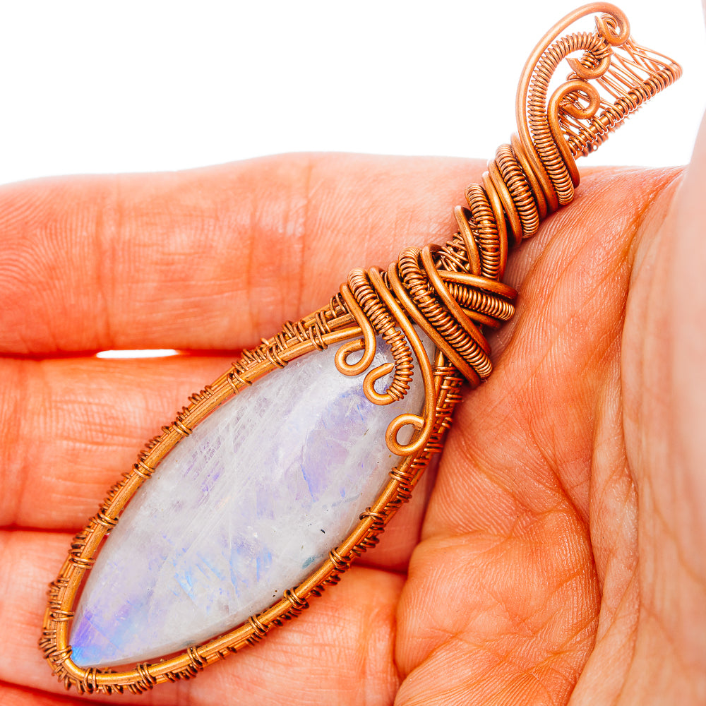 Rainbow Moonstone Wire Wrap Pendant 3 1/8" (Copper)