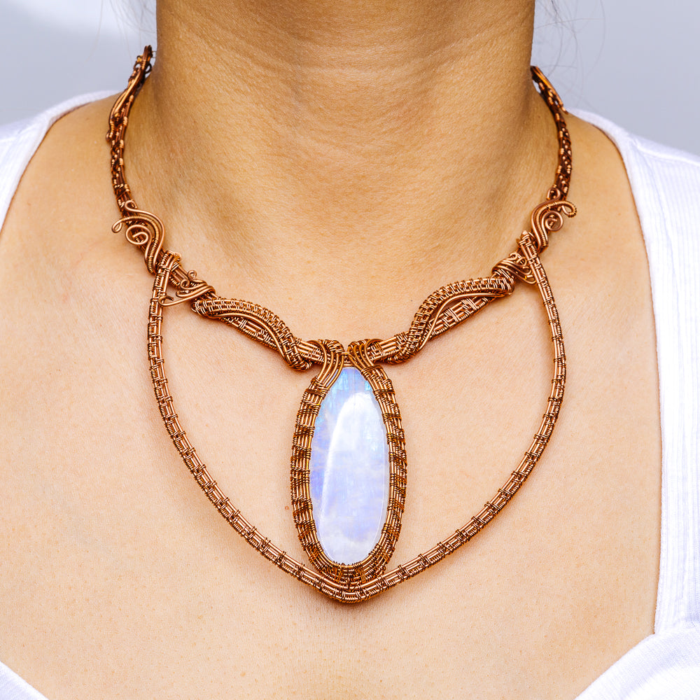Rainbow Moonstone Wire Wrap Necklace (Copper)
