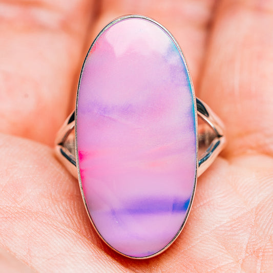 Center view of oval pink-purple iridescent opal cabochon ring, .925 sterling silver