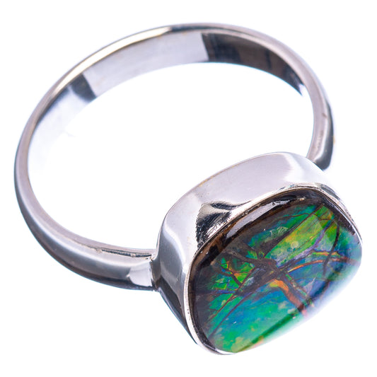 Oval ammolite cabochon sterling silver ring, iridescent green-blue stone in bezel