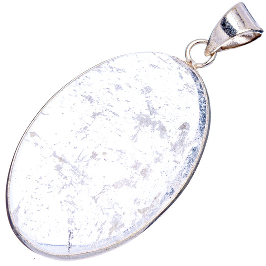 Selenite pendant, oval teardrop with white translucent speckled stone and silver bail