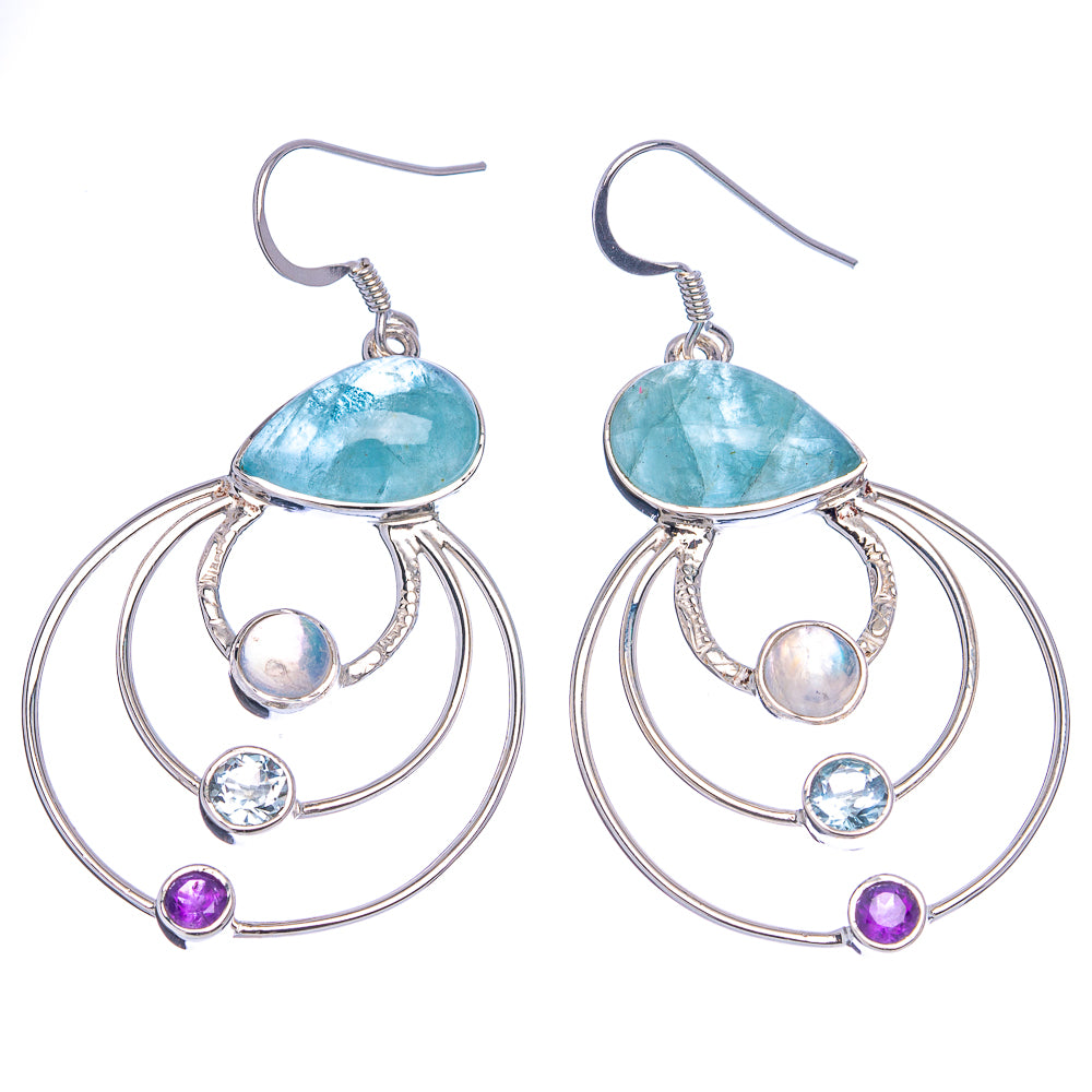 Signature Aquamarine, Rainbow Moonstone, Blue Topaz, Amethyst Earrings 2 1/4" (.925 Sterling Silver)