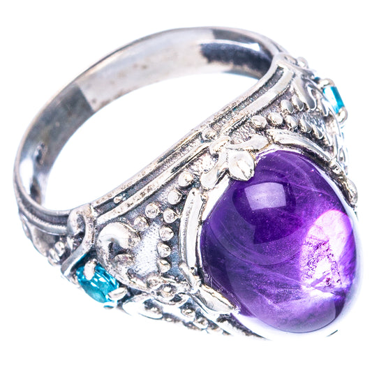 Sterling silver amethyst ring, purple oval gemstone with filigree band and blue side stones