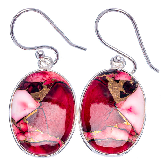 Pair of sterling silver oval drop earrings with red-pink stone and gold flecks, fishhook