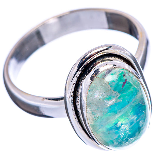 Green moonstone sterling silver ring, oval cabochon bezel, size 6