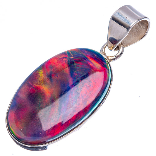 Iridescent oval opal pendant with raised sterling silver bezel and top bail