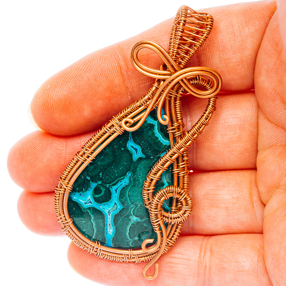Malachite In Chrysocolla Wire Wrap Pendant 2 1/2" (Copper)