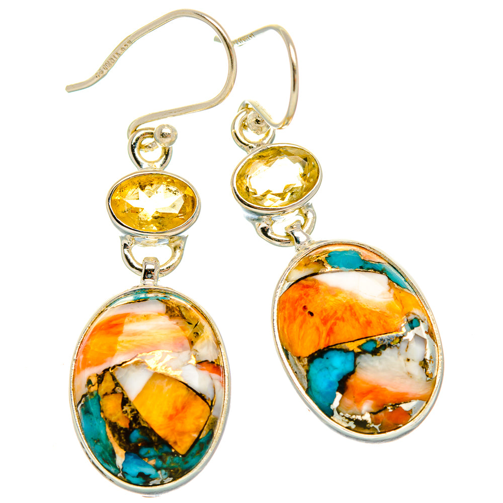 Spiny Oyster Turquoise, Citrine Earrings 1 5/8" (925 Sterling Silver) EARR431994