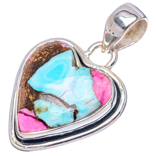 Turquoise heart pendant with pink accents and silver bezel, open loop bail