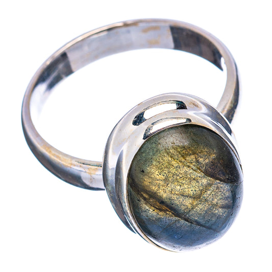 Oval labradorite cabochon in .925 sterling silver ring, reflective blue-gray and gold flashes