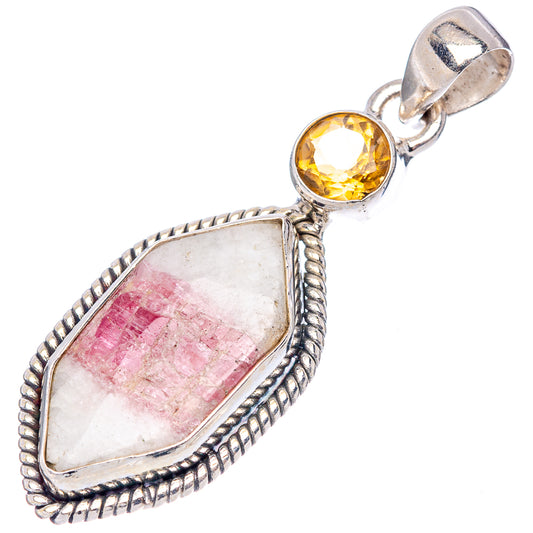 Silver bail teardrop pendant with pink tourmaline-in-quartz and round yellow cabochon accent