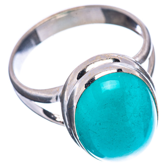 Silver ring with oval turquoise amazonite cabochon, shiny bezel; side view, size 8.25