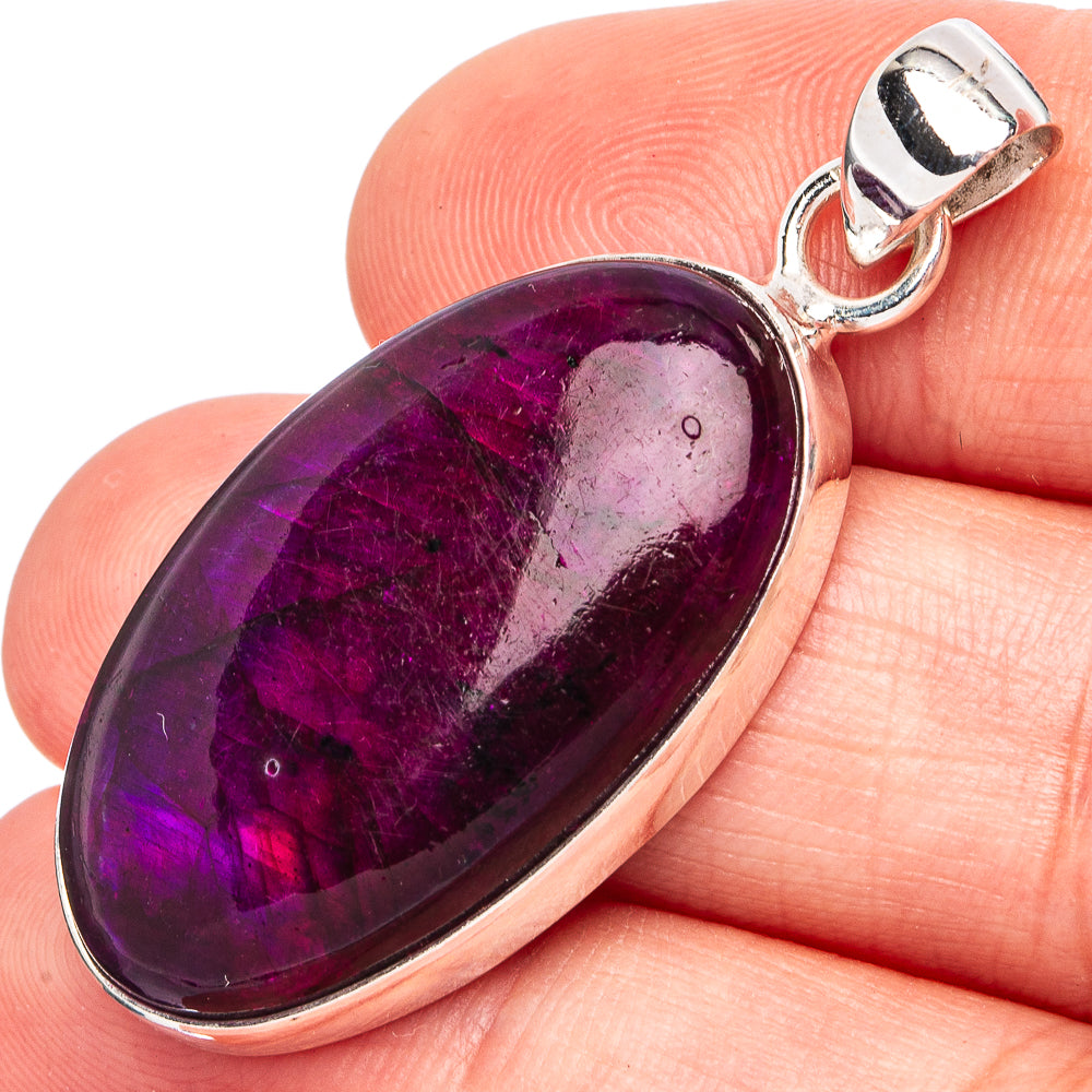 Oval purple labradorite pendant with 925 sterling silver bezel and loop bail