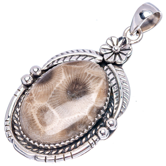 Sterling silver fossil coral pendant, side view with flower bail and oval bezel