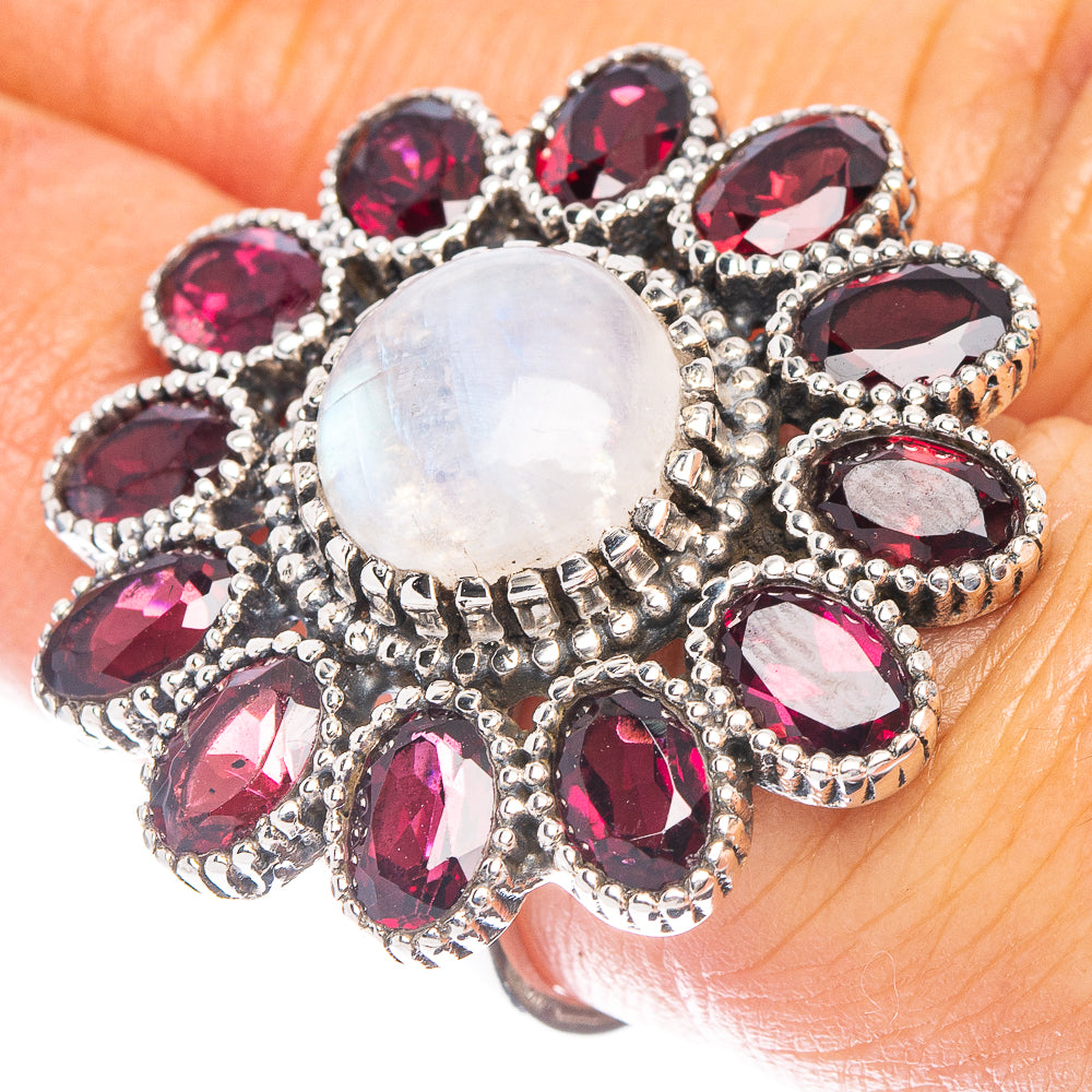 Large Rainbow Moonstone, Garnet Ring Size 5.75 (925 Sterling Silver) R6947