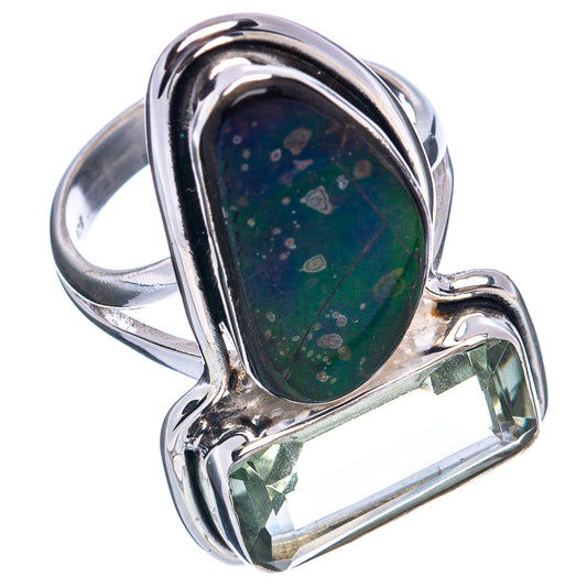 Sterling silver ring with dark green oval iridescent stone and faceted light gemstone