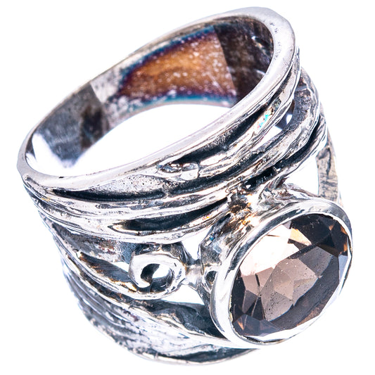 Smoky quartz sterling silver ring with dark faceted round stone, textured split band