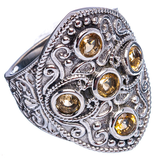 Sterling silver citrine ring, oval scalloped filigree with four round yellow stones