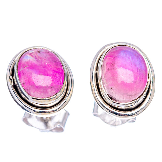 925 sterling silver moonstone stud earrings with pink oval cabochon and silver halo