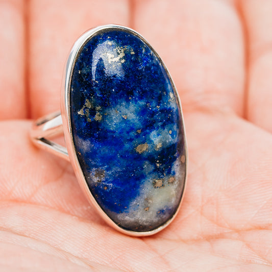 Oval Afghanite blue stone on slim sterling silver band ring, size 9.5