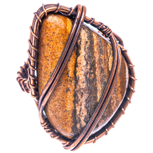 Oxidized copper picture jasper ring with teardrop stone, vertical wire wrap