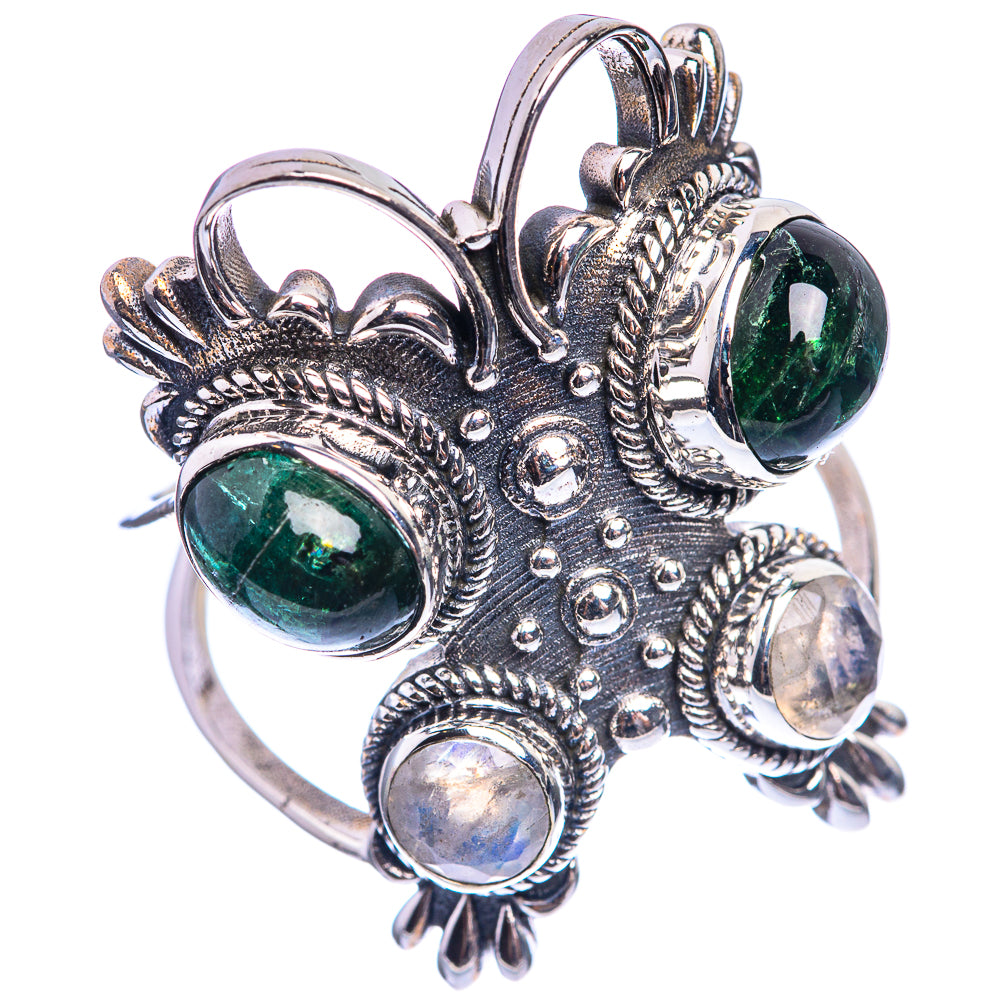 Large Green Tourmaline, Rainbow Moonstone 925 Sterling Silver Ring Size 9.5