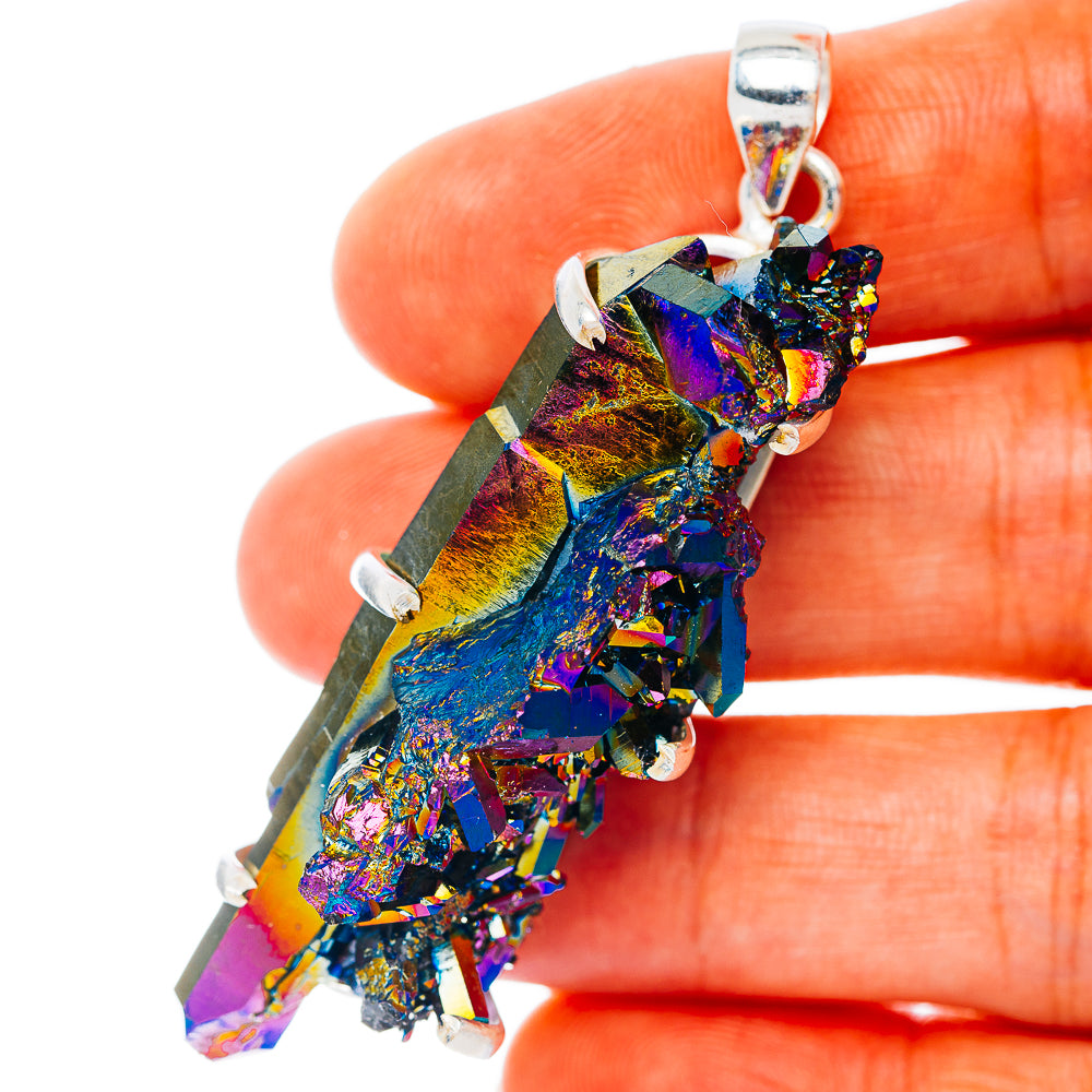 925 sterling silver aura quartz pendant with iridescent rainbow stone cluster