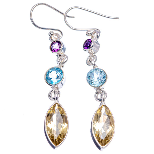 Sterling silver dangle earrings with round purple, blue and yellow teardrop gems