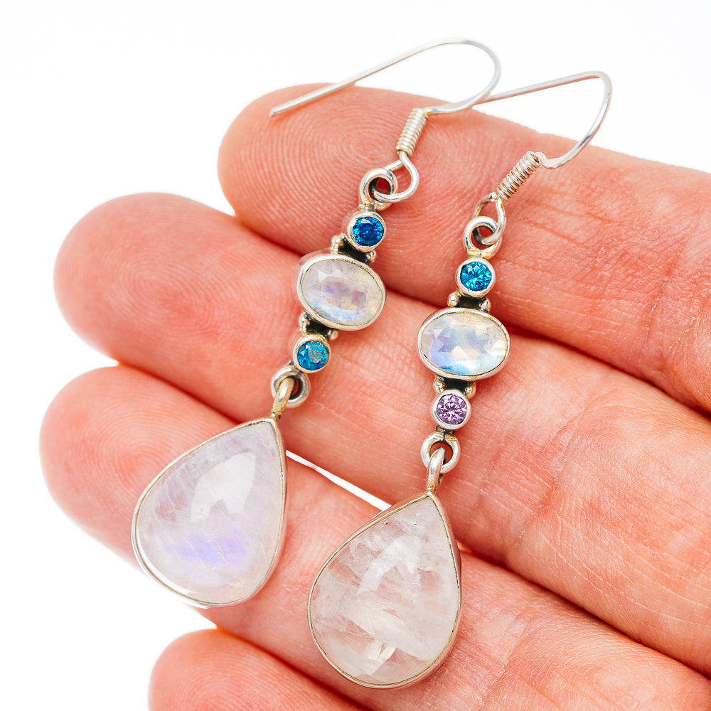 Rainbow Moonstone, Cubic Zirconia Earrings 2" (.925 Sterling Silver)