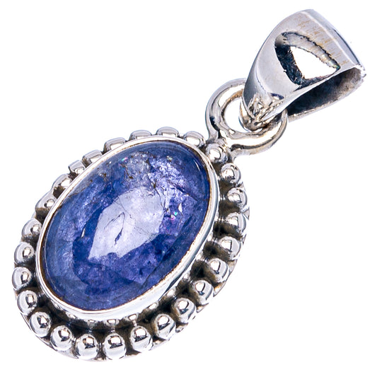 Oval blue tanzanite pendant in .925 sterling silver bezel with beaded halo and bail