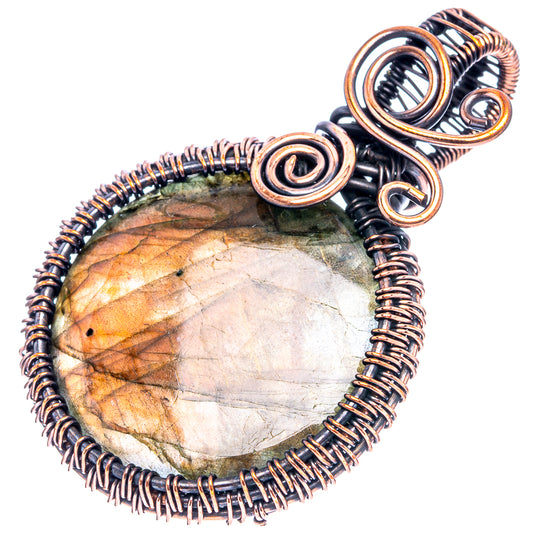 Oxidized copper wire-wrapped labradorite pendant with raised spiral swirl bail