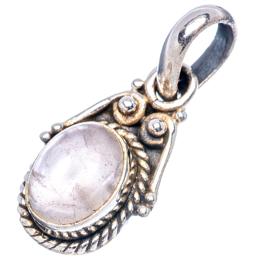 Oval rose quartz pendant charm in .925 sterling silver, ornate halo setting