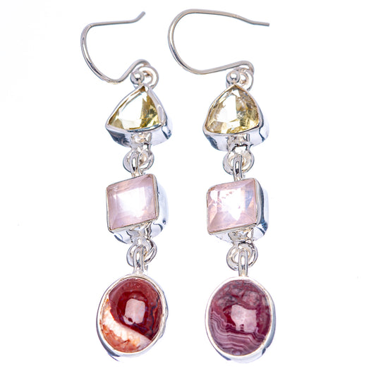 Sterling silver gemstone drop earrings with yellow triangle, rose square, and maroon oval
