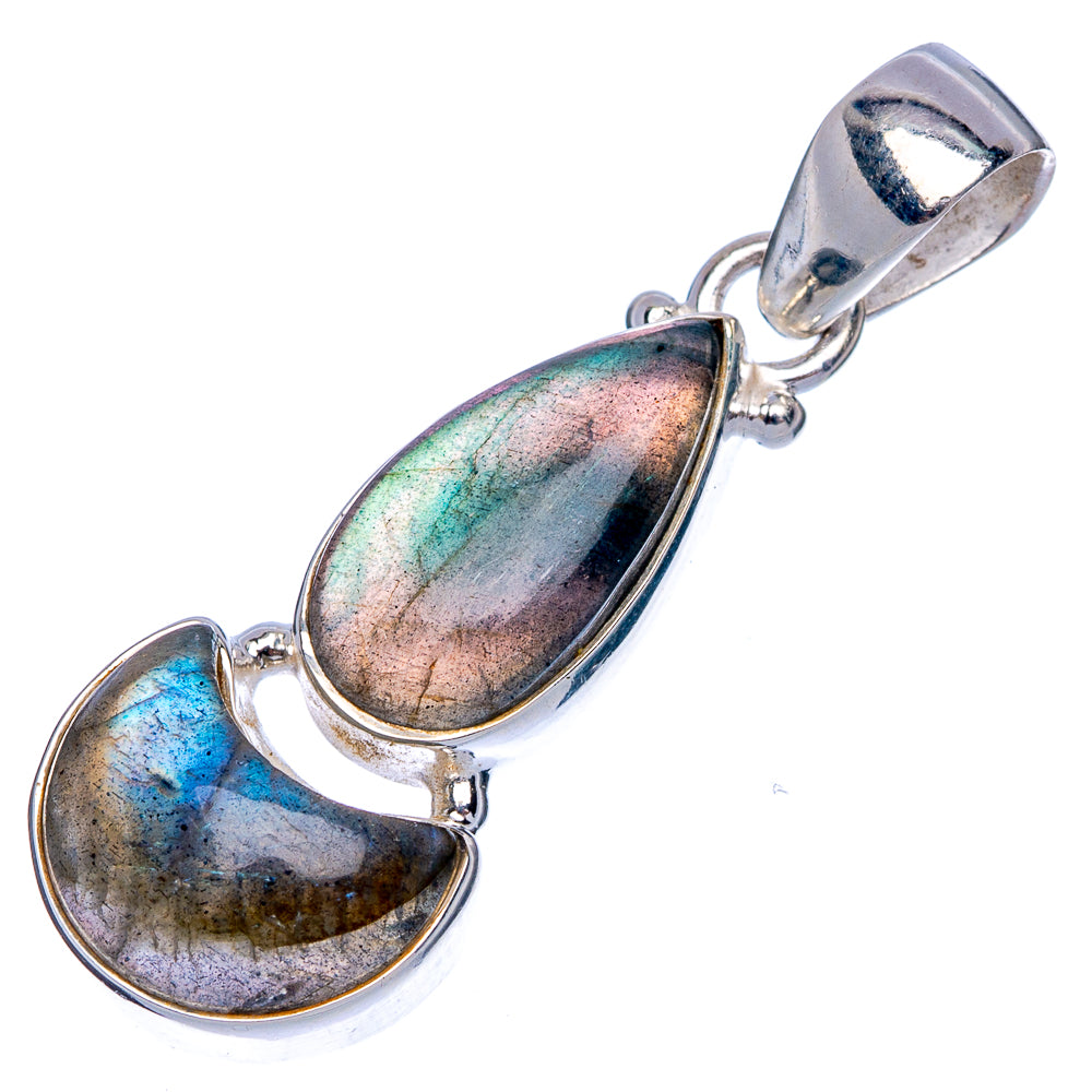 Labradorite pendant in 925 sterling silver with two iridescent teardrop stones and loop bail.