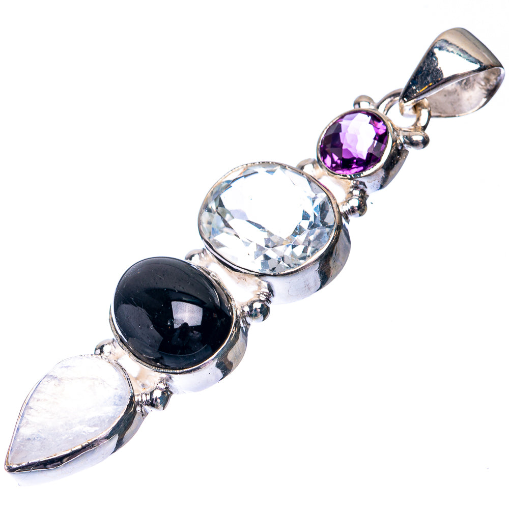 White Quartz, Black Onyx, Rainbow Moonstone, Amethyst Pendant 2 1/8" (.925 Sterling Silver)