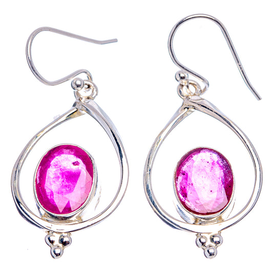Sterling silver oval ruby drop earrings with teardrop setting and ball accents
