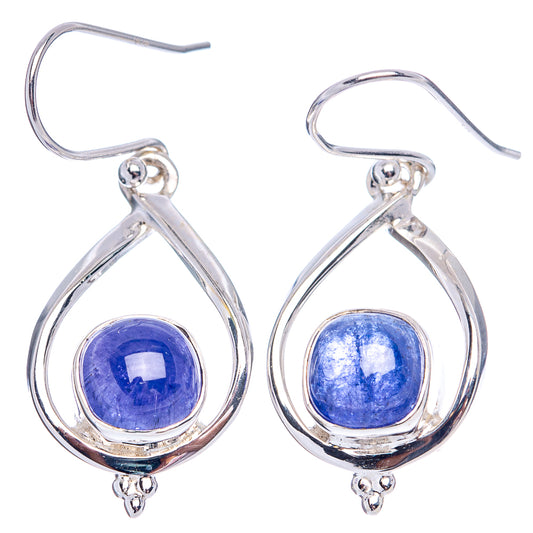Pair of .925 sterling silver teardrop earrings with blue cabochon tanzanite and French hooks