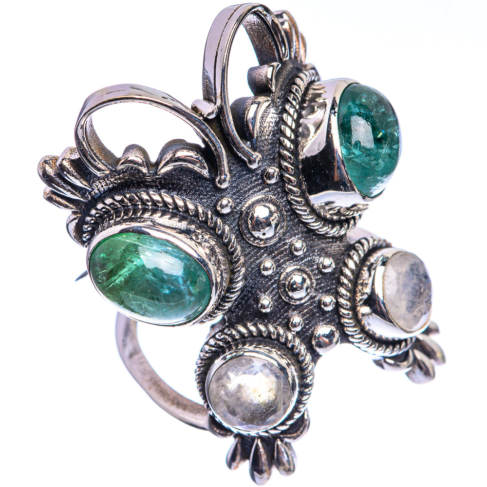 Large Green Tourmaline, Rainbow Moonstone 925 Sterling Silver Ring Size 6
