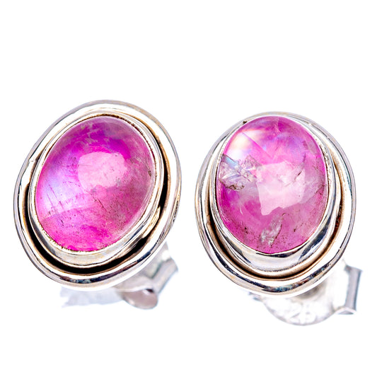 Pink moonstone stud earrings, .925 sterling silver oval bezel