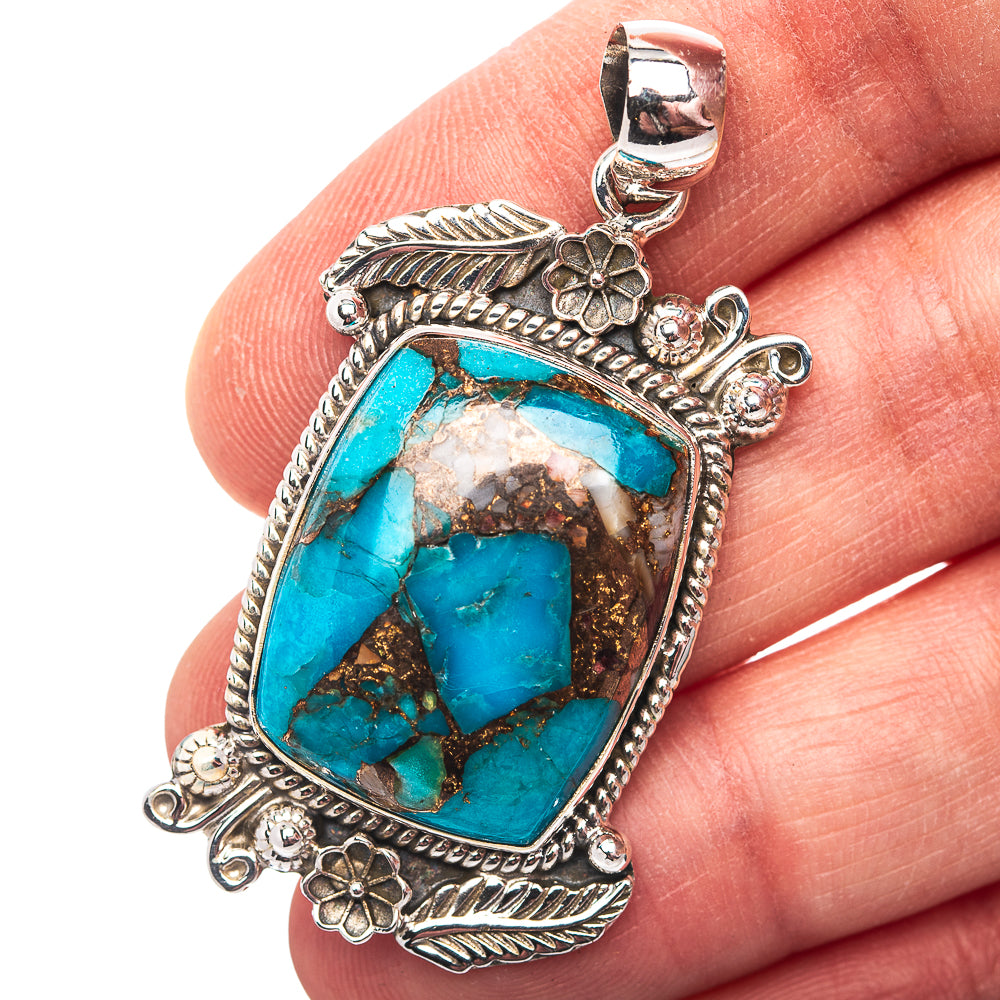 Premium Southwestern Style Blue Copper Turquoise Pendant 1 7/8" (.925 Sterling Silver)