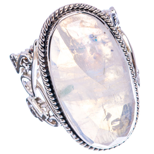 Oval moonstone ring with ornate rope bezel, .925 sterling silver band view