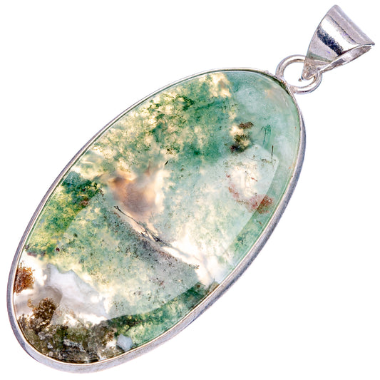 Oval green moss agate pendant showing veined pattern in silver-plated frame