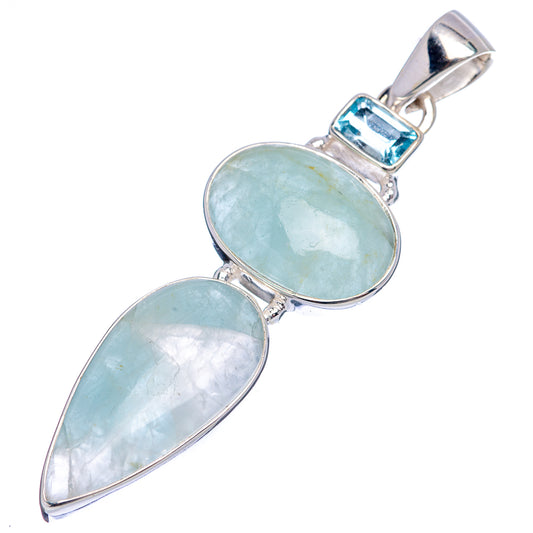 Two-stone sterling silver pendant with light blue teardrop and round cabochons, blue topaz bar