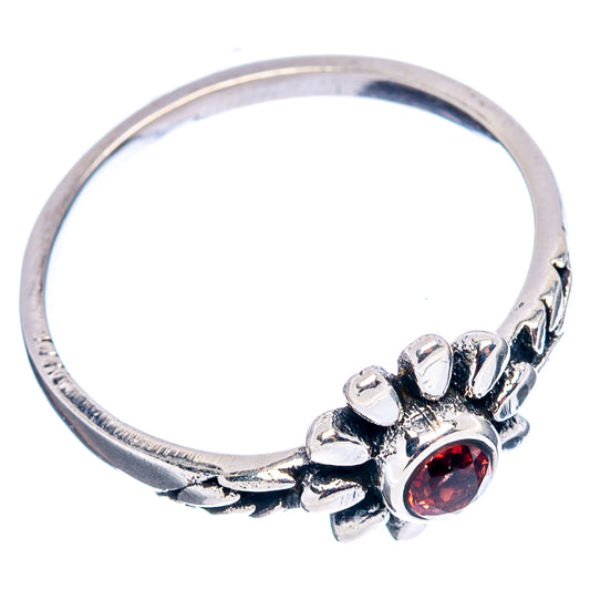 Garnet flower ring in .925 sterling silver, red round stone on textured petal band