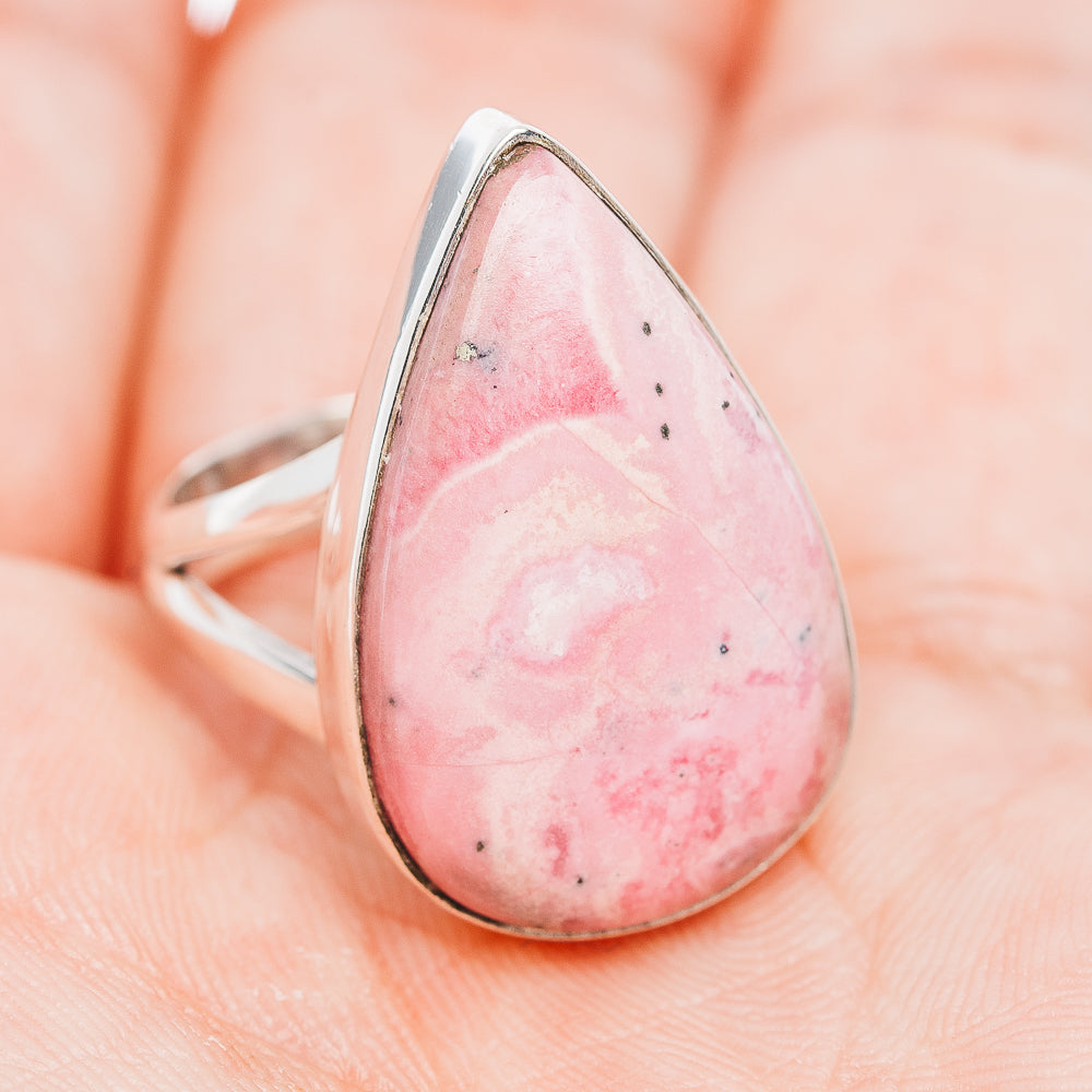 Rhodonite teardrop gemstone ring, pink cabochon bezel on slim .925 sterling silver band